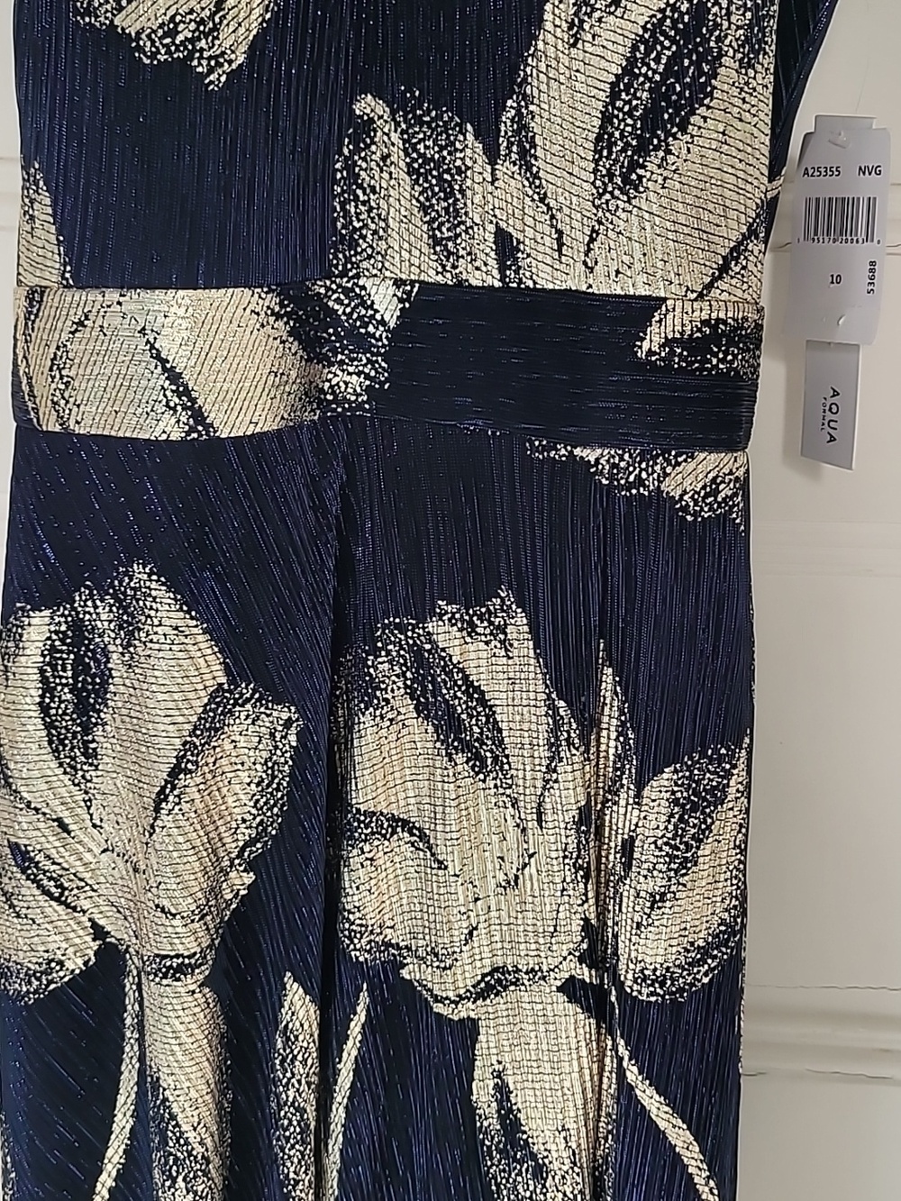 Bloomingdale's Womens Aqua Floral Print Foil Halter Gown Size 10 Navy, Gold NWT - Picture 4 of 10